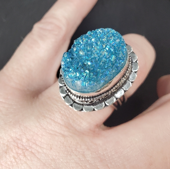 New Blue Titanium Crystal Druzy 925 Silver Statement Ring. - Picture 4 of 15